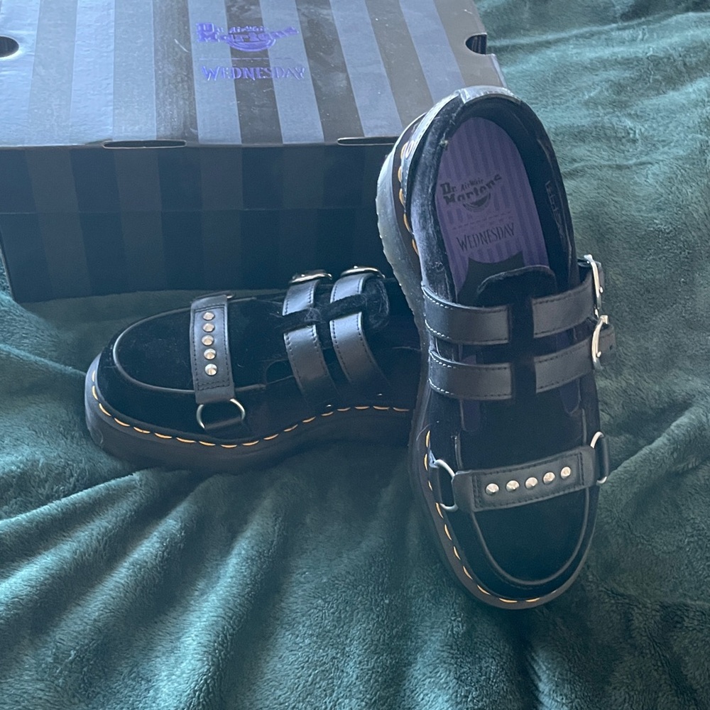 Dr. Martens x Wednesday Addams Black Studded Mary Jane Platform Shoes